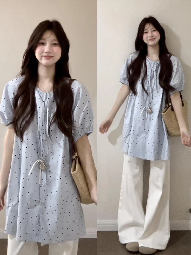 

Новая летняя женская блузка свободного кроя в стиле casual: синий топ в горошек с эффектом пузырьков, новый дизайн, модный и удобный.