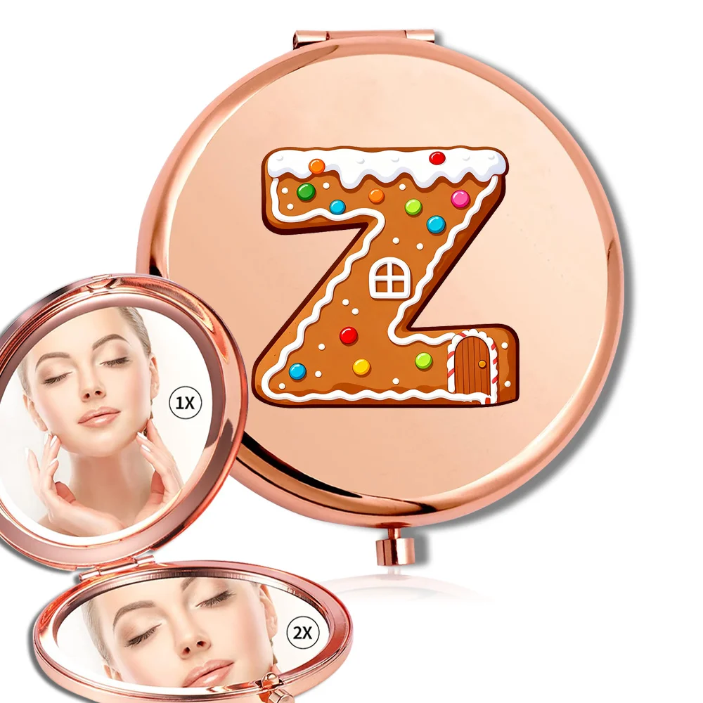 مرآة مكياج معدنية مستديرة للسفر، أداة تجميل محمولة مزدوجة الجانب، مرآة خارجية متينة، نمط منزل خبز الزنجبيل #5