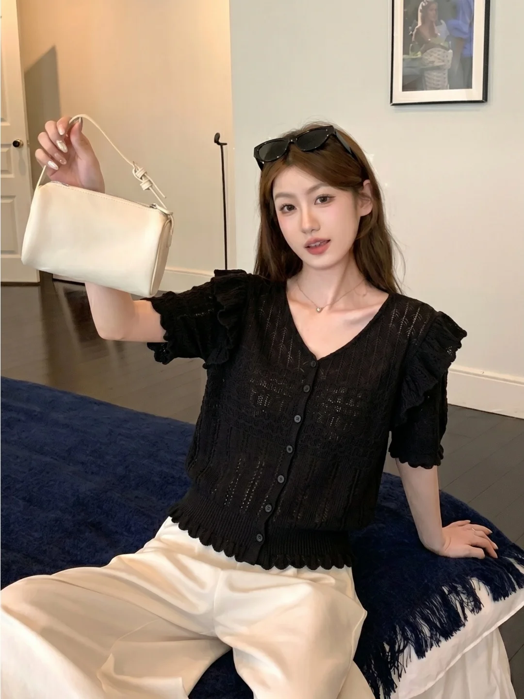 

Silk Knitted V-Neck Hollow out Top Women's Single Button Summer Fashionable Versatile Ice Silk Knitwear Korean Style Straight...