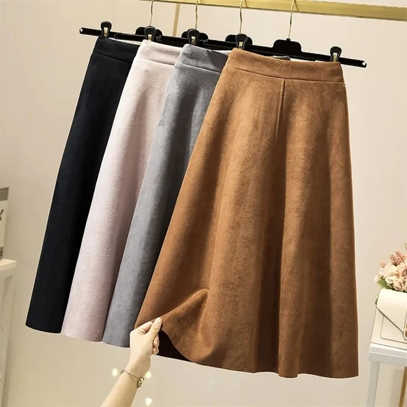 

Retro Ladies Solid Color High Waist Long Skirts Autumn Winter Women Casual Suede A-line Skirts Korean Femme Fashion Maxi Skirt