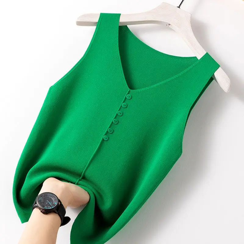 Ice silk Tanks knitted V-neck sleeveless versatile middle-aged outerwear thin summer vest Korean loose fitting interior Camis