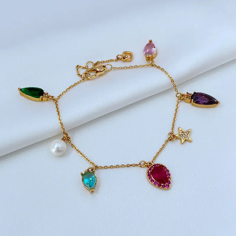 

KS European New Fashionable Colored Zircon Inlaid with Water Droplets, Love Stars, Pearls and Multi-pendant Metal Bracelet
