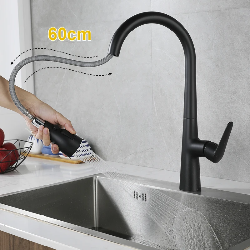 One Hole Kitchen Pull Down Faucet Deck Mounted 3 Modes Vessel Sink Faucets Modern Single Handle Kitchen Cold Hot Mixer Tap Black
