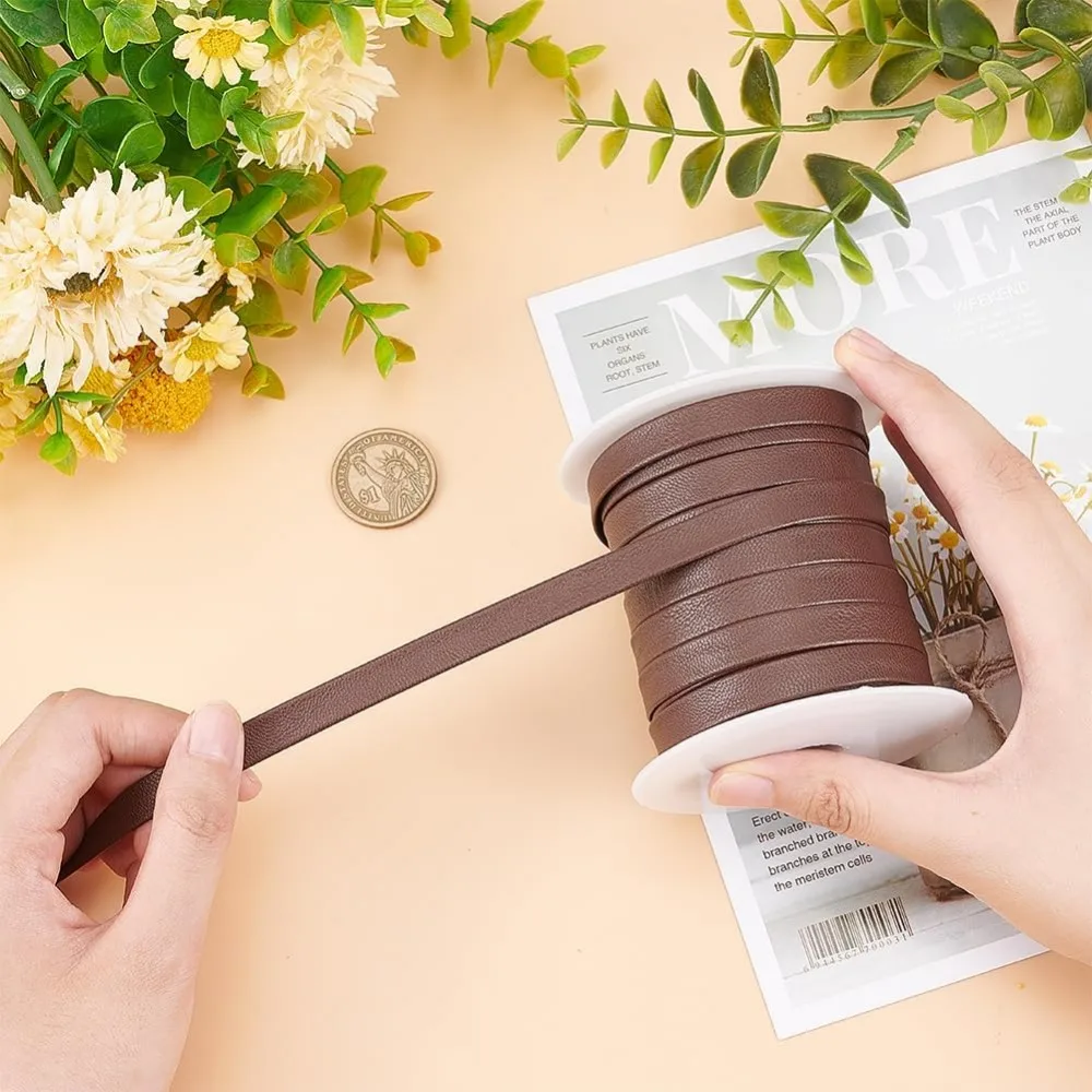 1Roll 22.5 Yards Coconut Brown Flat PU Leather Strips 10mm Leather Trimming Tape Double Sided Leather Bias Tape for Bags Shoes