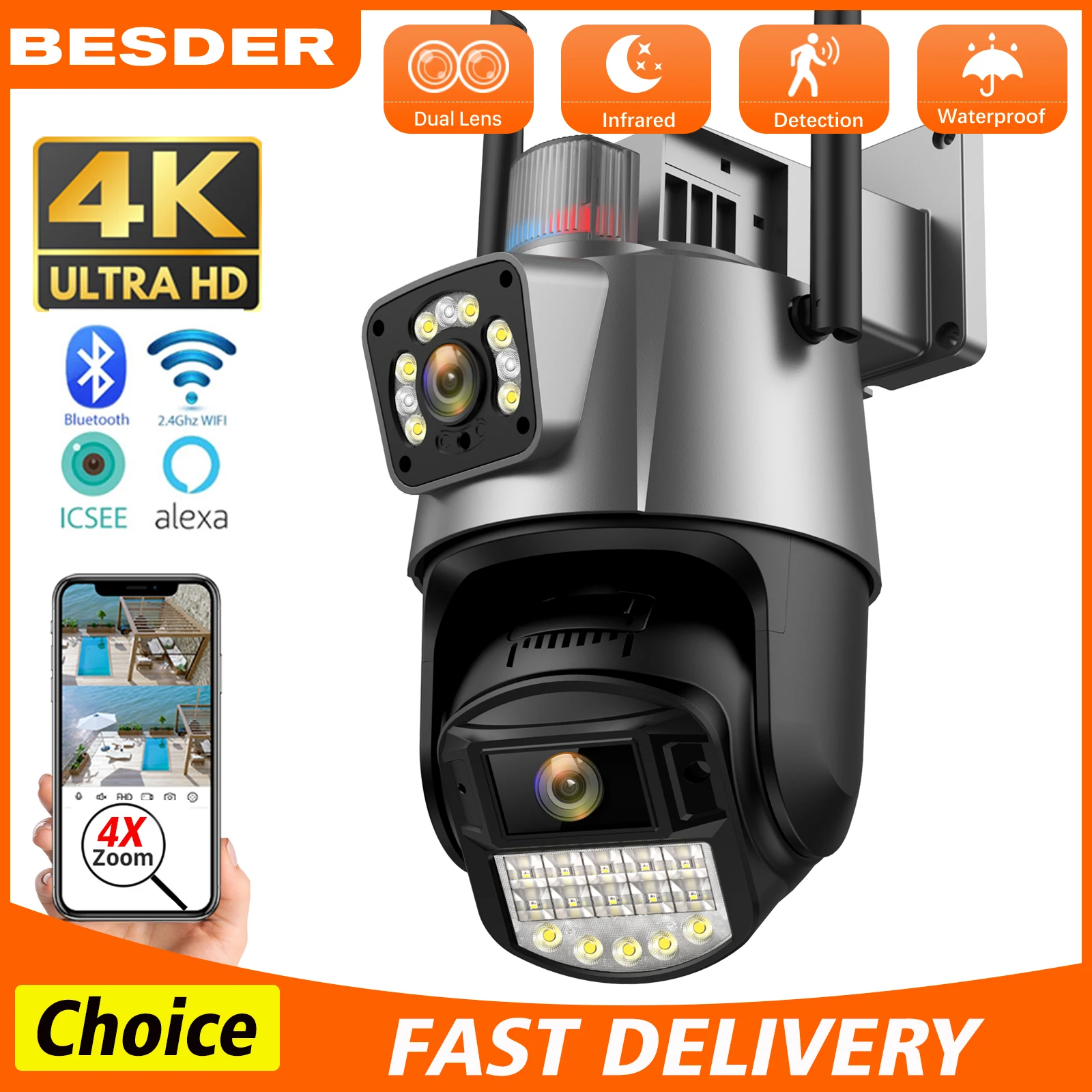 BESDER WIFI IP Camera 8MP 4K Dual Lens PTZ Camera Smart Home Protection Waterproof Security CCTV Video Surveillance Camera ICSEE