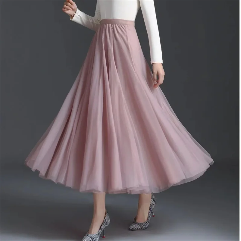Vintage Tulle jupe femmes Streetwear élastique taille haute maille jupes plissées été élégant coréen une ligne bureau dames jupe nouveau