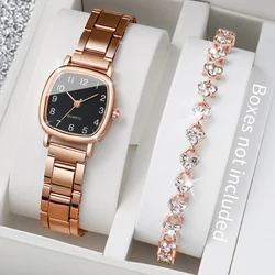 2pcs/set Women's Watch Fashion Square Dial Quartz Watches Alloy Band Wristwatches Rhinestone Heart Bracelet Set（Without Box）