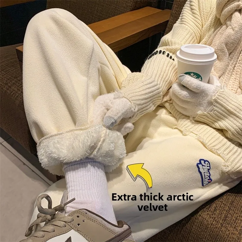 

Lamb Velvet Fce Lined Sports Pants Men's Winter Thi Warm Casual Trousers Cuffed unge Sle Anti-Wrinkle Youth Faion