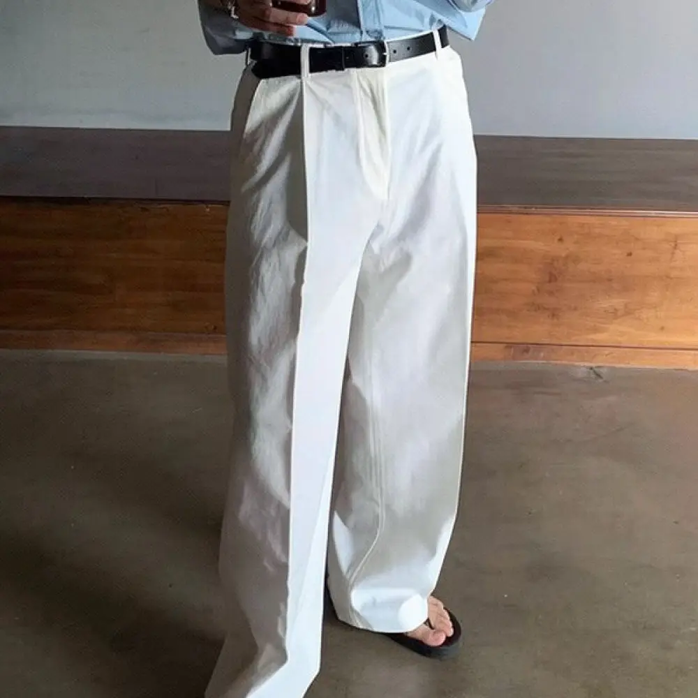 Vintage American Style Mens White Trousers Loose Straight Leg Casual Dress Pants Non Iron Business Work Slacks