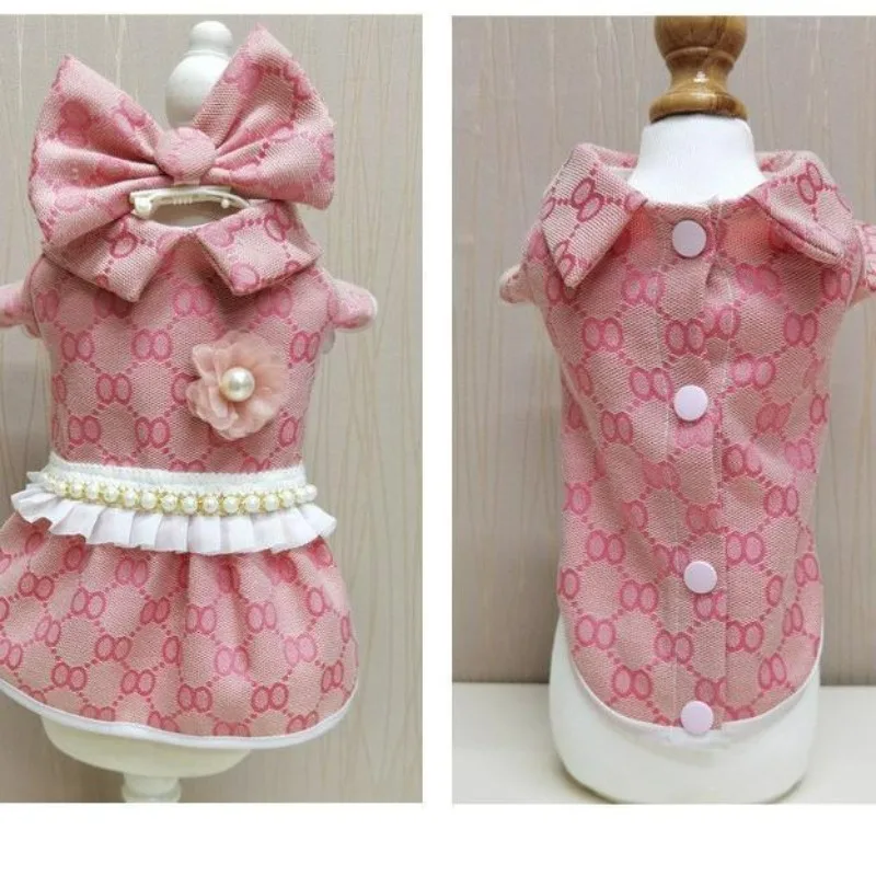 Pet Clothing Spring Autumn Dog Dress Cat Princess Skirt Pink Coffee Plaid Lapel Shirt Small and Medium-sized Dog Dress