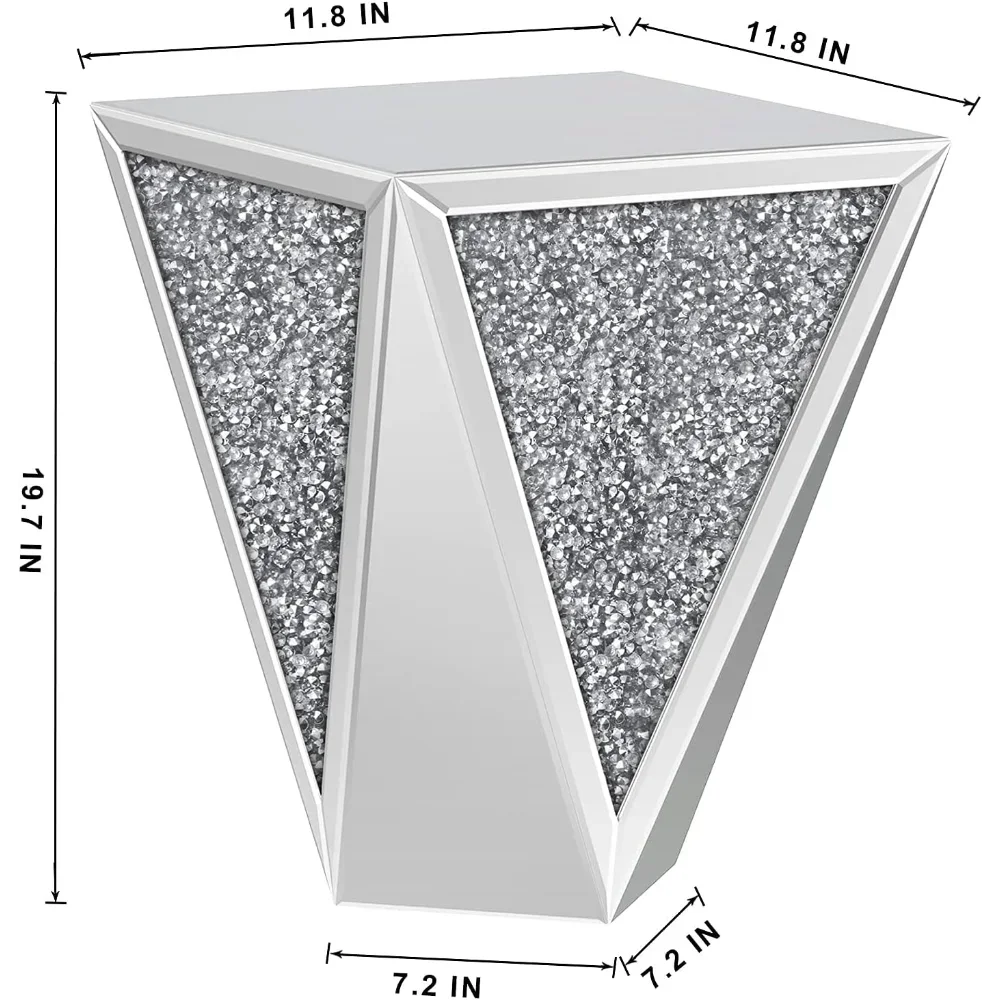 Mirrored End Table Crystal Diamond Setting Coffee Table Silver Glass Side Table Pedestalng Room, Corner, Bedroom, Sofa