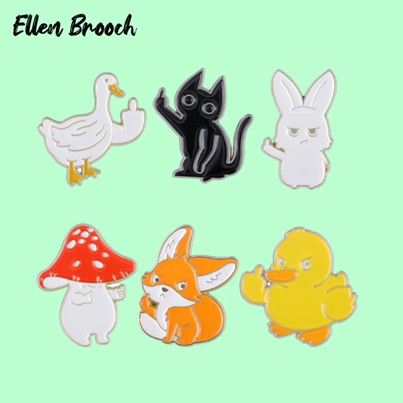 Rude Animal Enamel Pins Goose Cat Rabbit Duck Fox Mushroom with Middle Finger Brooch Lapel Badges Flip The Bird Jewelry Gift