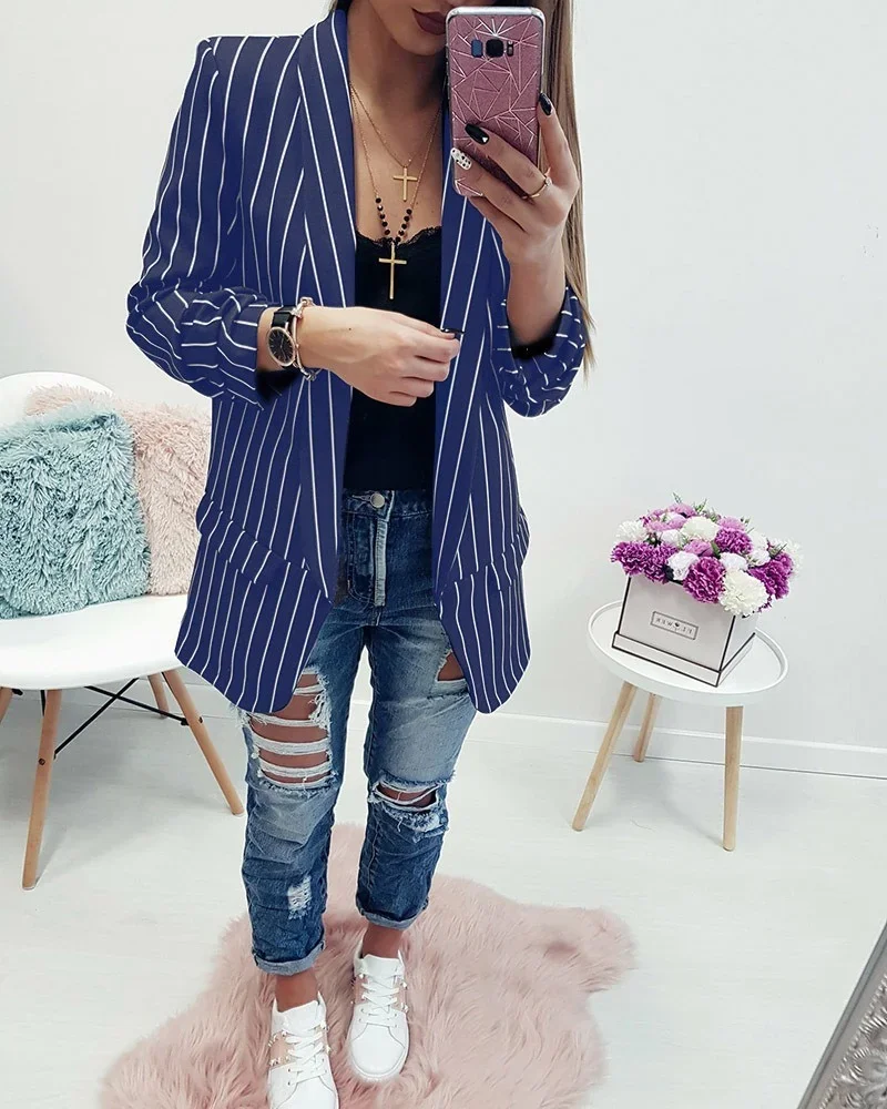 Office Lady 2023 Simple Slim Casual Bussiness Blazer Buttonless Striped Blazer Spring Summer New Fashion Formal Clothes Workwear