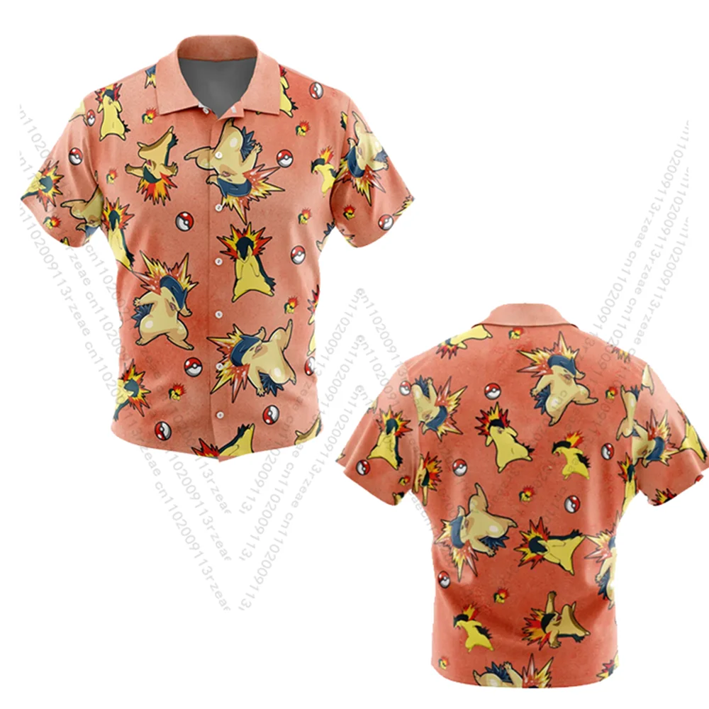 

Anime Typhlosion Pokemon Hawaii Beach Shirt Men's Y2K Cosplay Harajuku Print Kid Hip Hop Fashion Casual Breathable Shirt Top