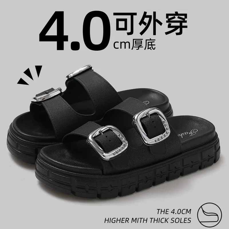 Hot - Selling Buckled Chunky Sandals | Black Double - Strap Slides with Metal Accents, Ideal for Summer Outfits