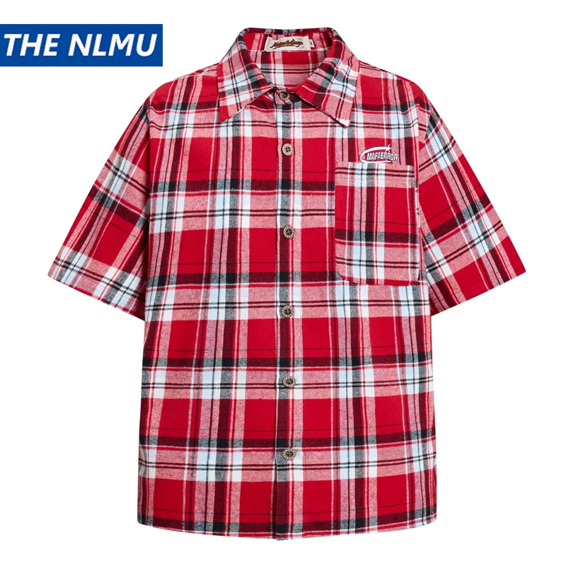 

Men Women Vintage Red Plaid Short Sleeve Shirt Letter Embroidery Loose Hip Hop Streetwear Casual Shirts Summer Cotton Top