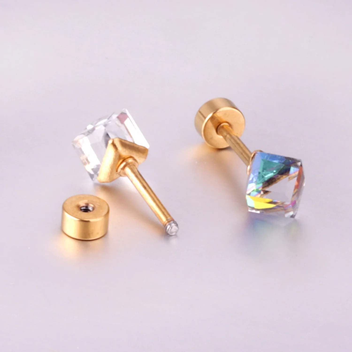 LUXUSTEEL 4MM Colorful Crystal Stud Earrings For Women Men Gold Color Stainless Steel Screw Pack Bling Party Jewelry Gifts