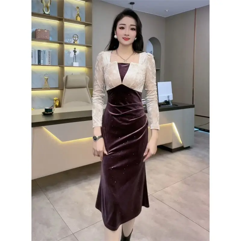 Korejepo New Year Robe French Temperament Elegant Thin Autumn Winter 2024 New Velvet Slim Fish Tail Hip Dress Beautiful Vestido