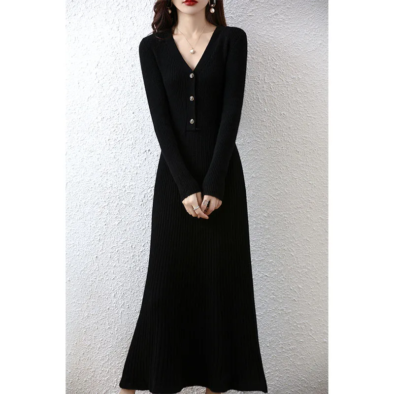 Autumn Winter High Elasticity 100% Wool Thicken Sweater Dress Warm Basic Knit Pullover Women Slim Dress Female Casual Dresses