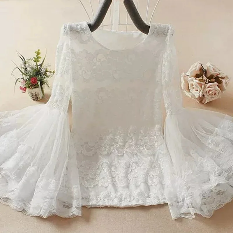 

2026 New Spring Autumn Women Bottoming Shirt Sweet Midi-Long Hollow Out Mesh Blouse Ladies Flare Sleeve Lace Blouses Short Tops