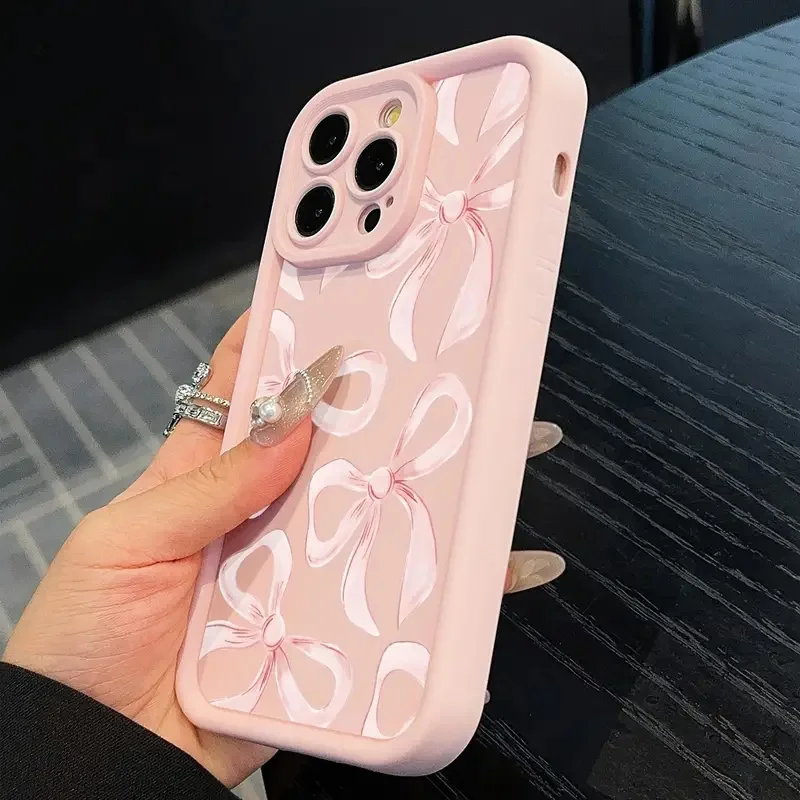Sanfte rosa Schleife Print Handyhülle für iPhone 16 17 Pro Max 15 14 13 12 11 XS X XR 7 8 16 Plus SE 2022 16E süße Bownote Soft Cover – Detail 2