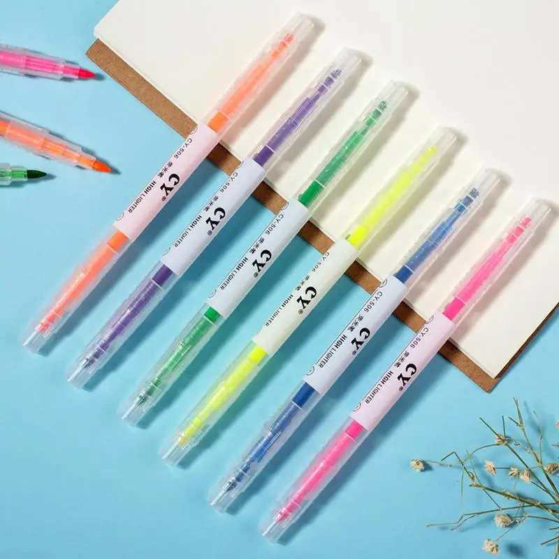 Highlighter Marker Pen 6-Pcs Keynote Pens Double Ended Highlighter Soft Tips Everyday Markers Colored Highlighter For Writing