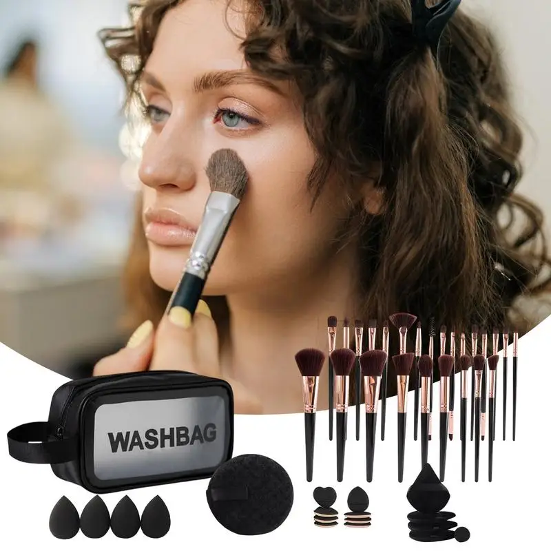 Reismake-upborstelset Set van 47 Make-upborstels met etui Professionele gezichtsmake-up Blenders Oogmake-up Sponzen Poederdons
