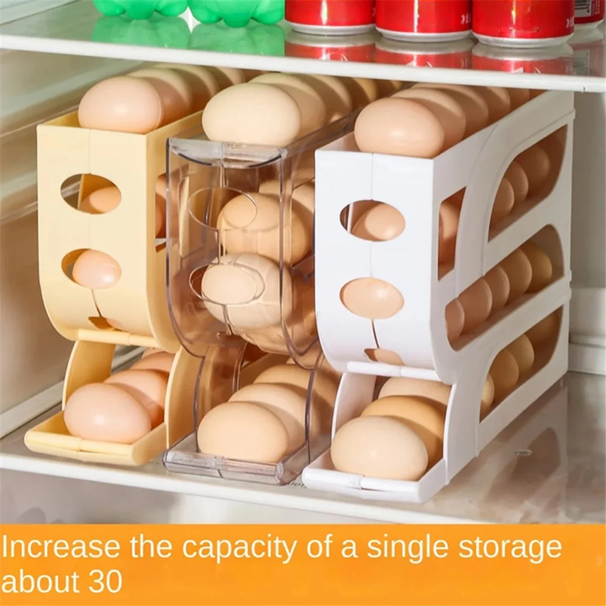 Automatic Scrolling Egg Rack Egg Basket Container Roll Down Refrigerator Egg Dispenser Kitchen Home Yellow