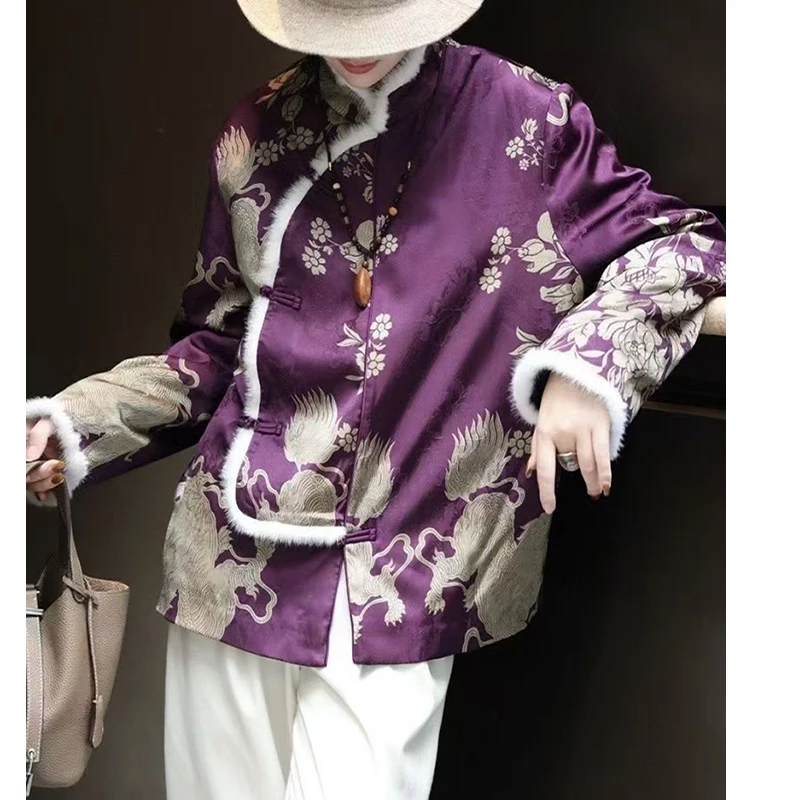 

Осень-зима, новое шелковое жаккардовое фиолетовое женское хлопковое пальто ручной работы с воротником-стойкой в китайском стиле, S-XL