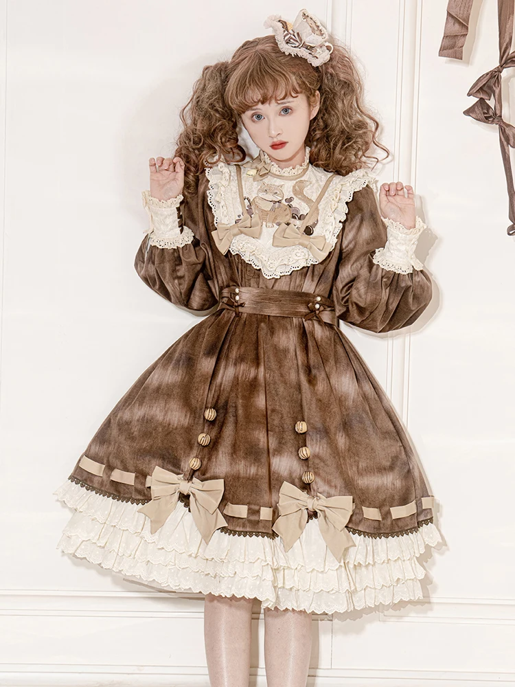 Original Chocolate Cat Lolita Cute Doll Collar Princess Dress Daily Sweet Girl Op Long Sleeved Dress Cute Girl Tea Party Dress