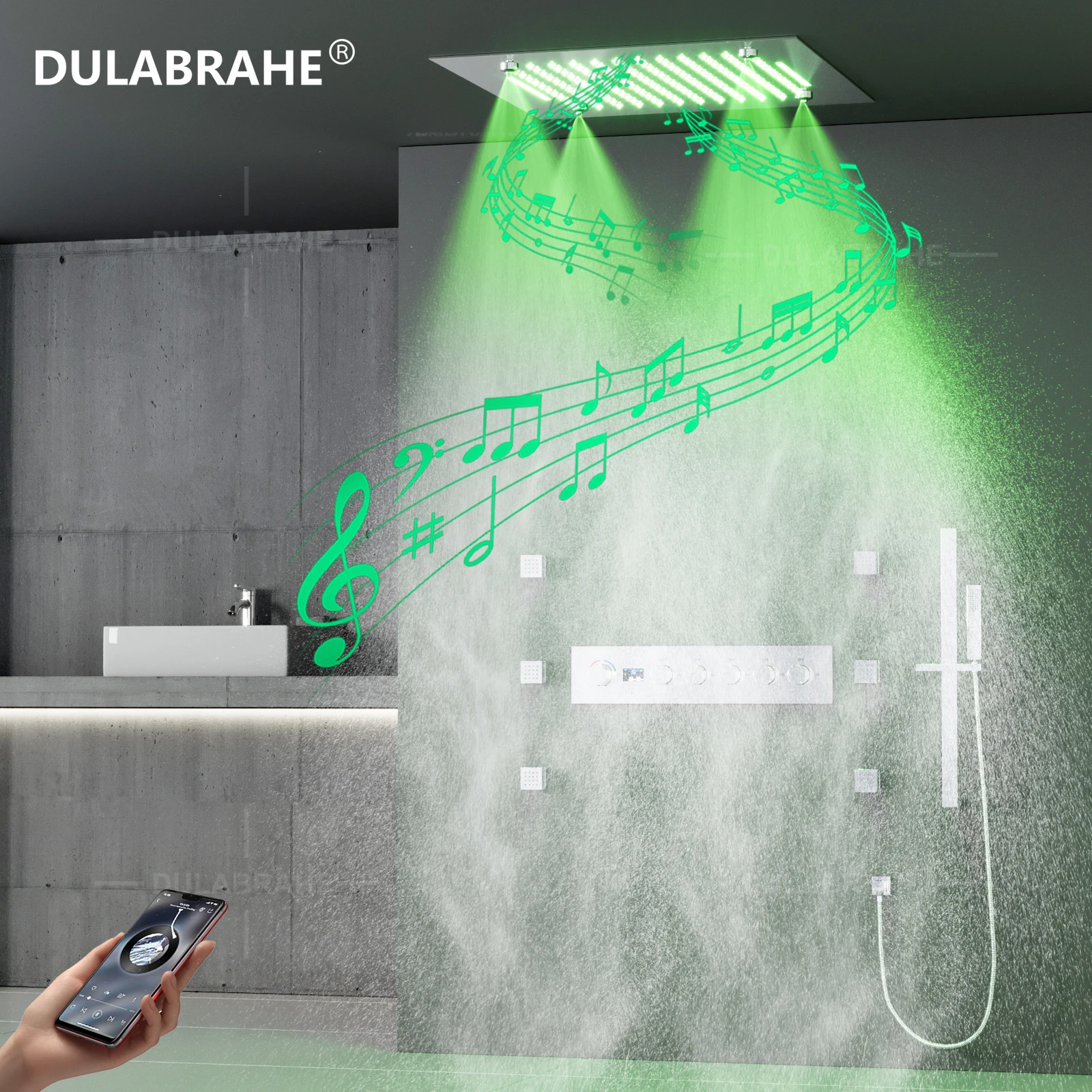 Ceiling Embedded 20 Inch LED Mist Rain&Waterfall Shower Head with Music Speaker Cold and Hot Digital Display Shower Faucet Set