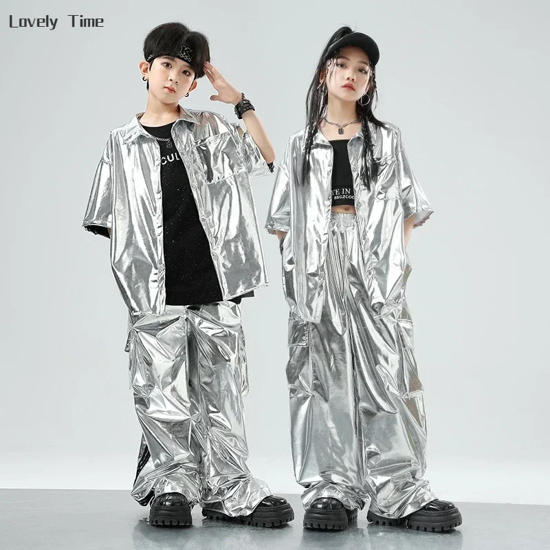 Boys Hip Hop Silver Jacket Street Dance Cargo Pants Girls Sequin Cool Streetwear Kids Jazz Clothes Sets Children Shiny Costumes