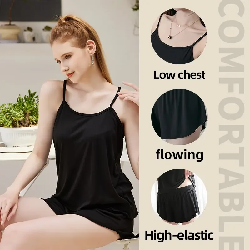 Women Casual Pajamas Sleepwear Pajama Set Nightgowns Camisole Shorts Nightclothes Spagjetti Strap Black L XL XXL Smooth Soft