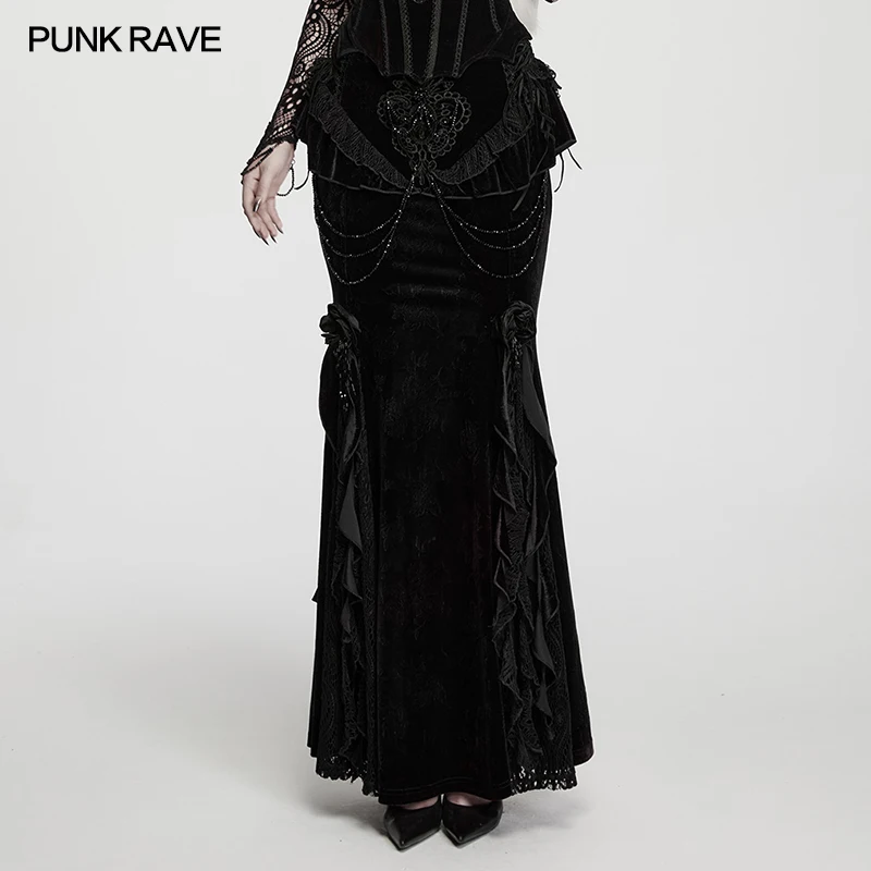 PUNK RAVE Women's Gothic Embossed Velvet Strong Drape Skirt Fish Tail Shape Graceful 3D Ruffles Dancing Party Women Clothing
