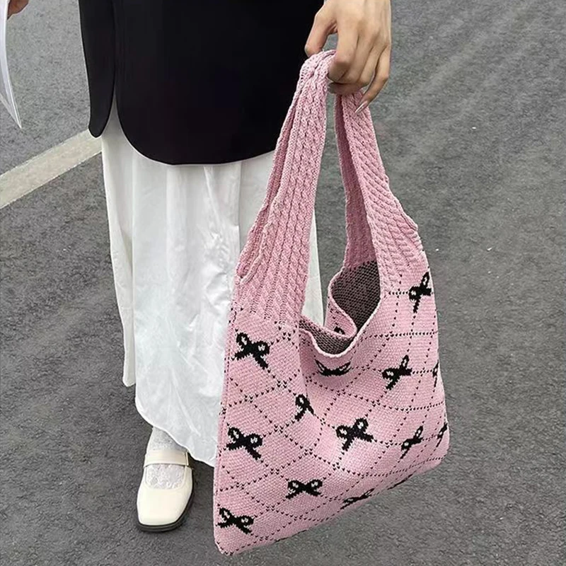 Borsa a tracolla da spiaggia firmata borsa a tracolla all\'uncinetto da donna borsa da viaggio in maglia con motivo a fiocco di grande capacità