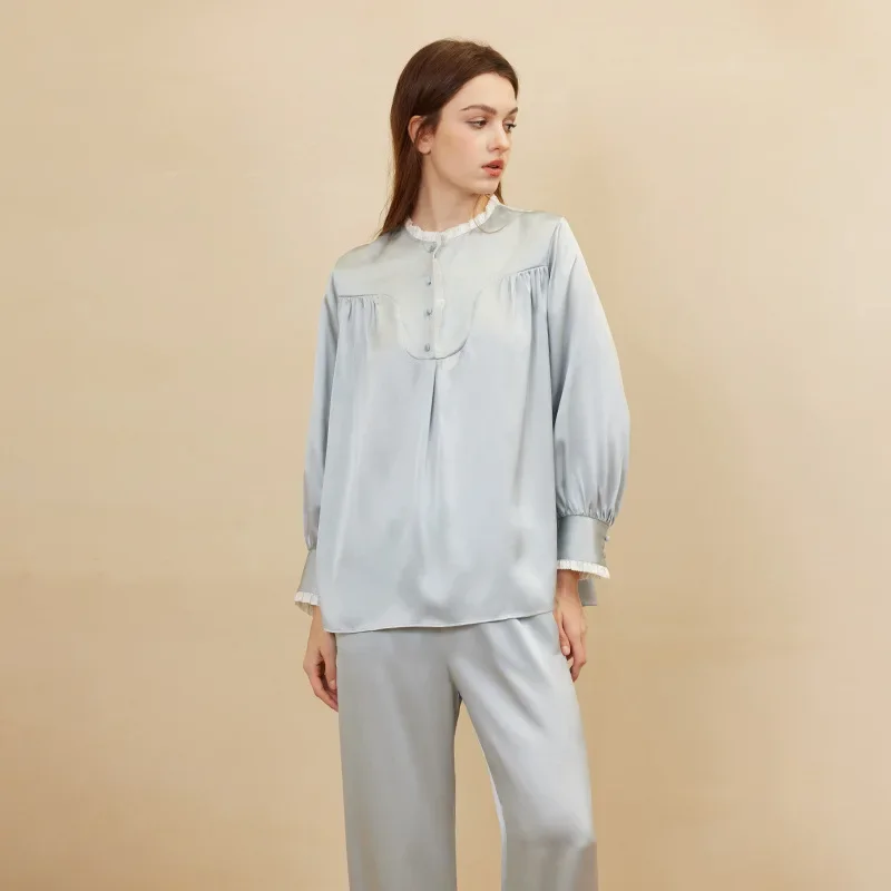 

Осенний комплект женской винтажной пижамы из 100% шелка тутового шелкопряда: кружевная рубашка с длинным рукавом и брюки, сексуальная ночная сорочка, домашняя одежда, пижама