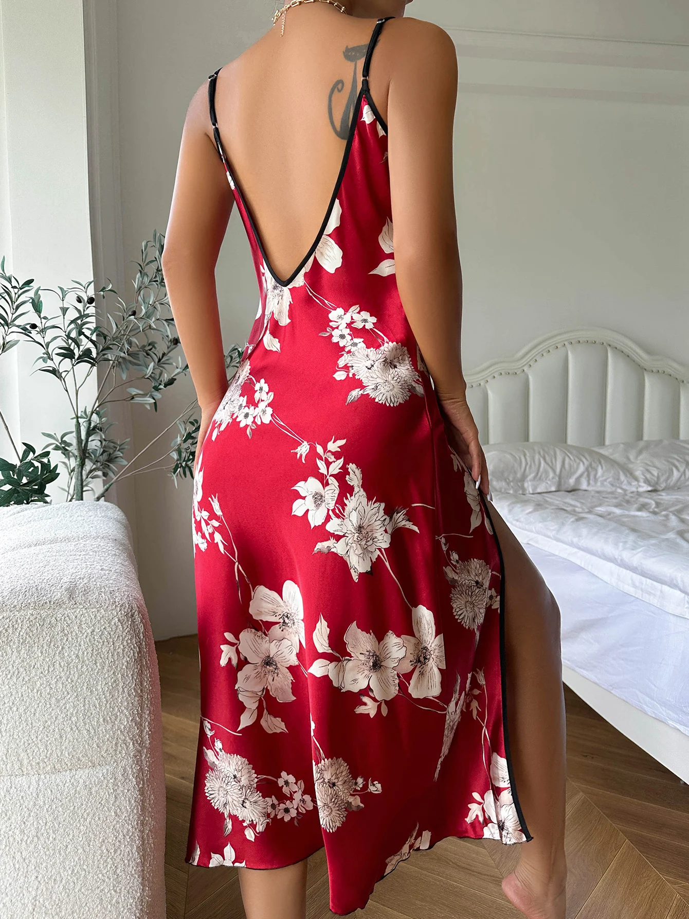 leopard/floral print split nightdress sexy V neck backless sleep dress spaghetti strap sleepwear women ice silk nightgowns