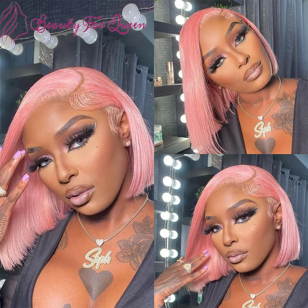 

Light Pink Straight Short Bob 200 Density For Women Transparent 13x4 HD Lace Frontal Wigs Brazilian Colored Human Hair Wig