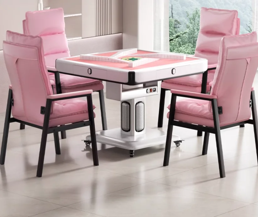 Pink folding mahjong machine automatic dining table dual-purpose four-port electric heating mahjong table