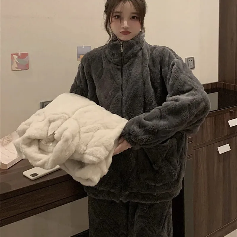 Winter Warm Flannel Women Pajamas Set Homewear Thick Female Sleepwear Plush Pyjamas Suit Solid Color Fleece Nightwear