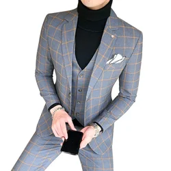 Blazer e colete e calças/boutique moda xadrez masculina casual terno de negócios 3pcs conjunto vestido de casamento do noivo desempenho traje