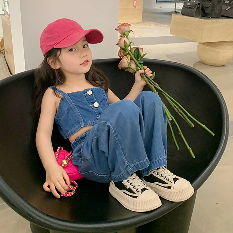 Summer Children Girl Denim Clothing Set 2-7Years Toddler Kids Crop Tops+ High Waist Wide Leg Jeans 2PCS Outfits Fashion Clothes