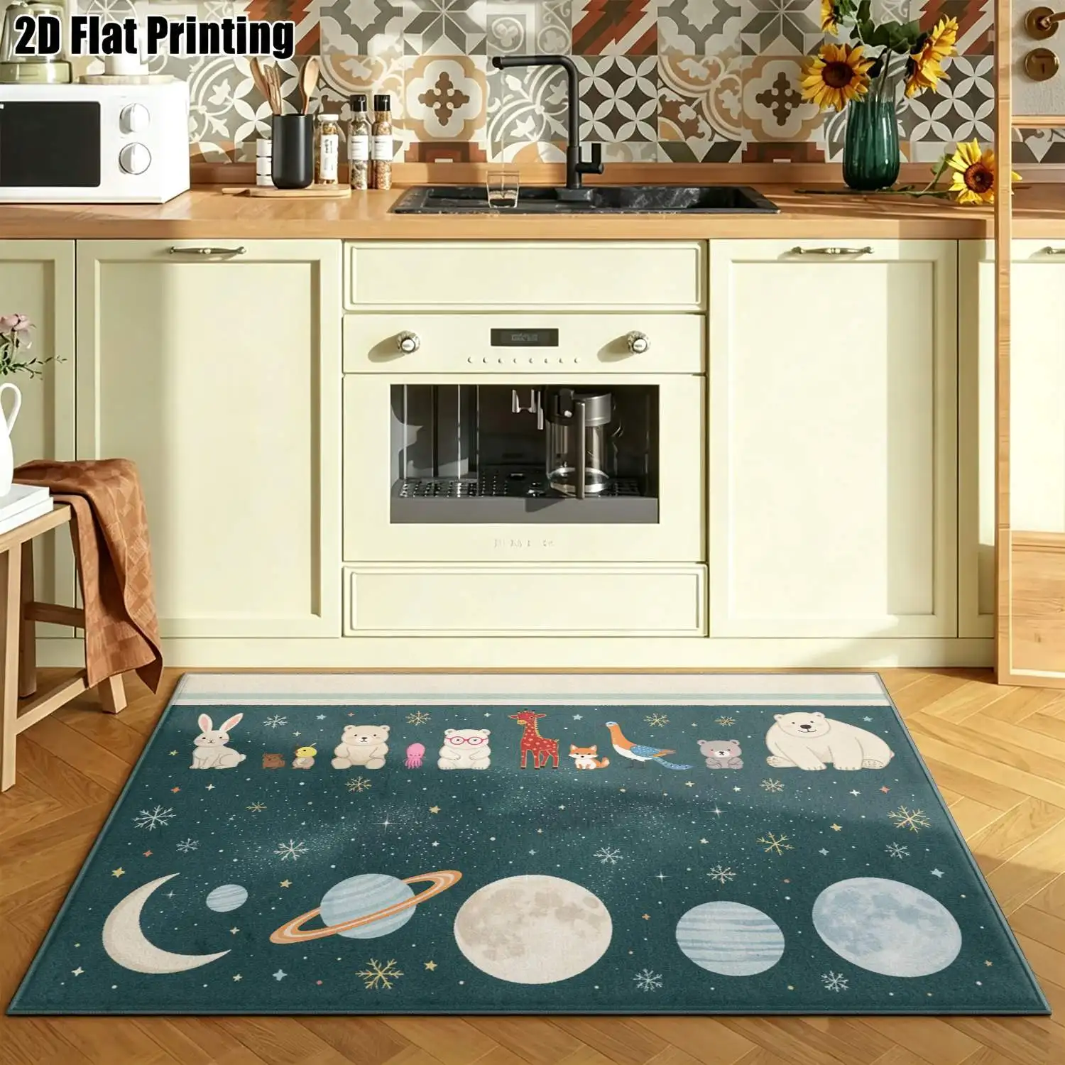 1Pc 2D Printed Carpet: Deep Blue Starry Sky & Animal Pattern Nordic, Instagram-Worthy, Modern Minimalist, European & Vintage Home Decor Mat. Multi-Size, Machine Washable, for Entryway, Dining Room, Foyer, Bedroom, Living Room.