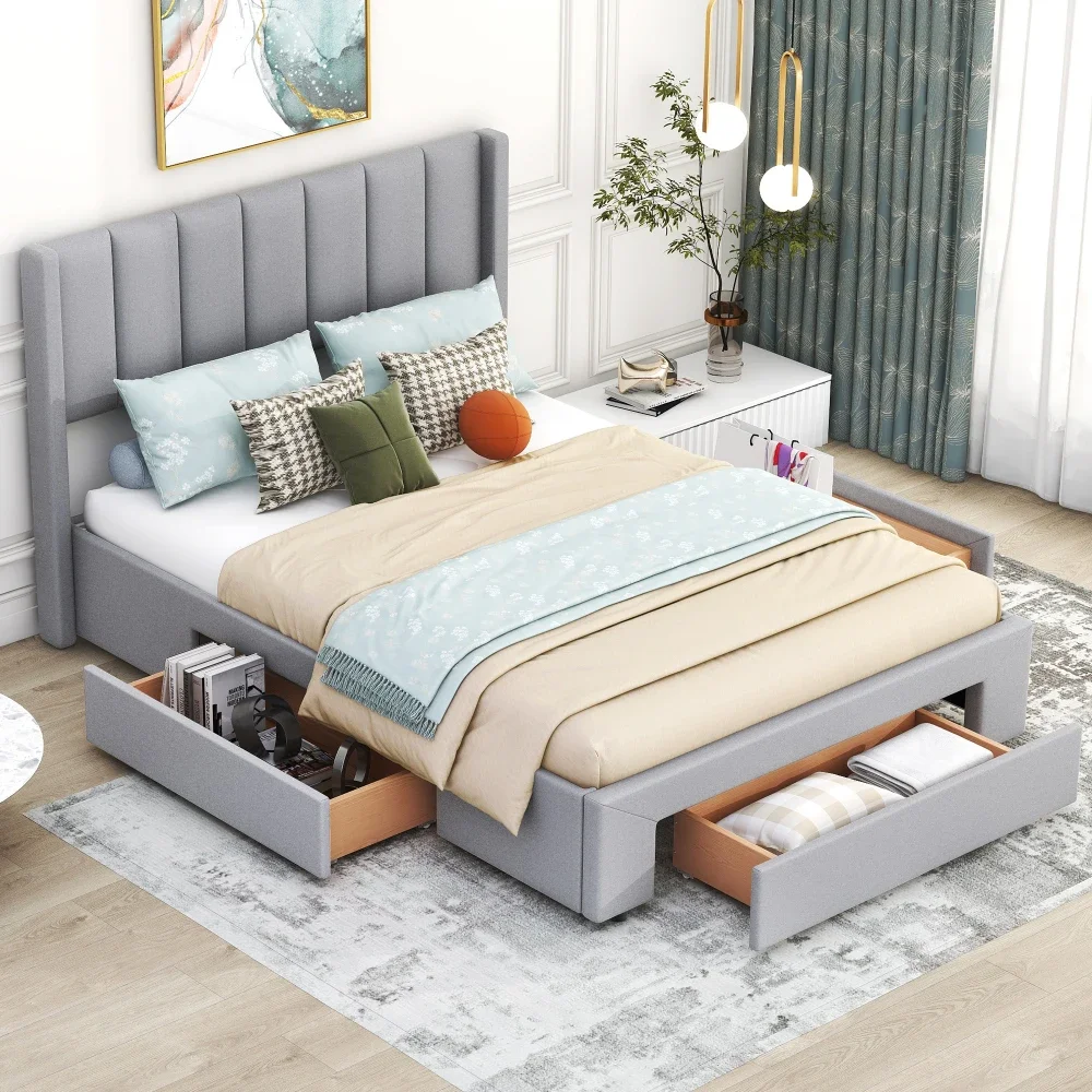 Full Size Upholstered Platform Bed with One Large Drawer in The Footboard and Drawer on Each Side, Bed Frame for Bedroom