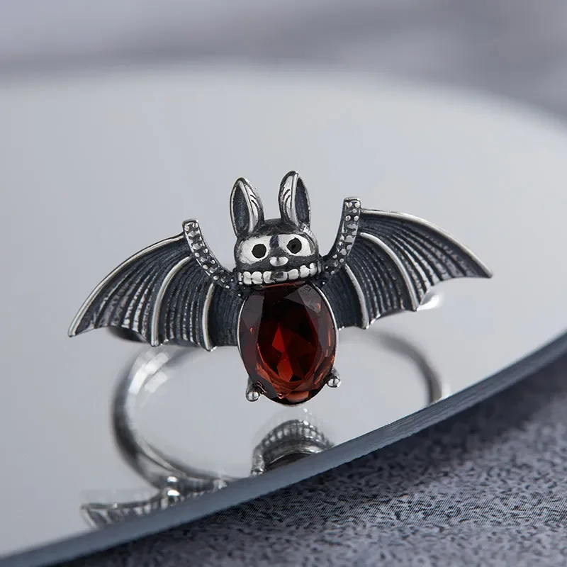 Bat personality exaggerated design S925 sterling silver inlaid with natural garnet Thai silver ring women's live broadcast