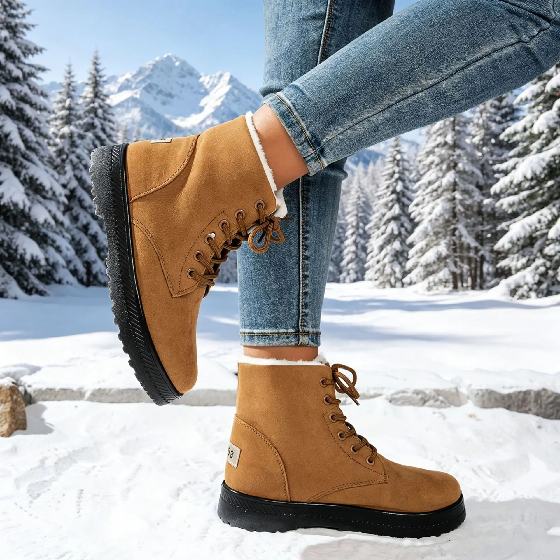 Damen Winter Schnür-Schneestiefel mit Wildleder-Optik, Fleece-Futter, Rutschfeste Dicke Sohle, Warme Knöchelhohe Kampfstiefel – Detail 15
