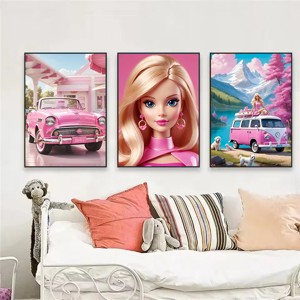 Classic Fashion Pink Lovely Doll Girl Luxury Car Swimming Pool Nordic Poster Canvas Painting Wall Picture Home Bedroom Decor