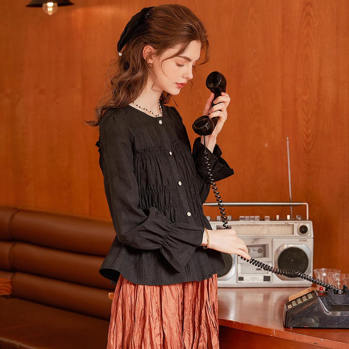 LOUIS YAO New Puff Long Sleeve Shirt 2025 Spring Round Collar Shoulder Slim Women's Shirt Stretchless Cardigan Women's Tops