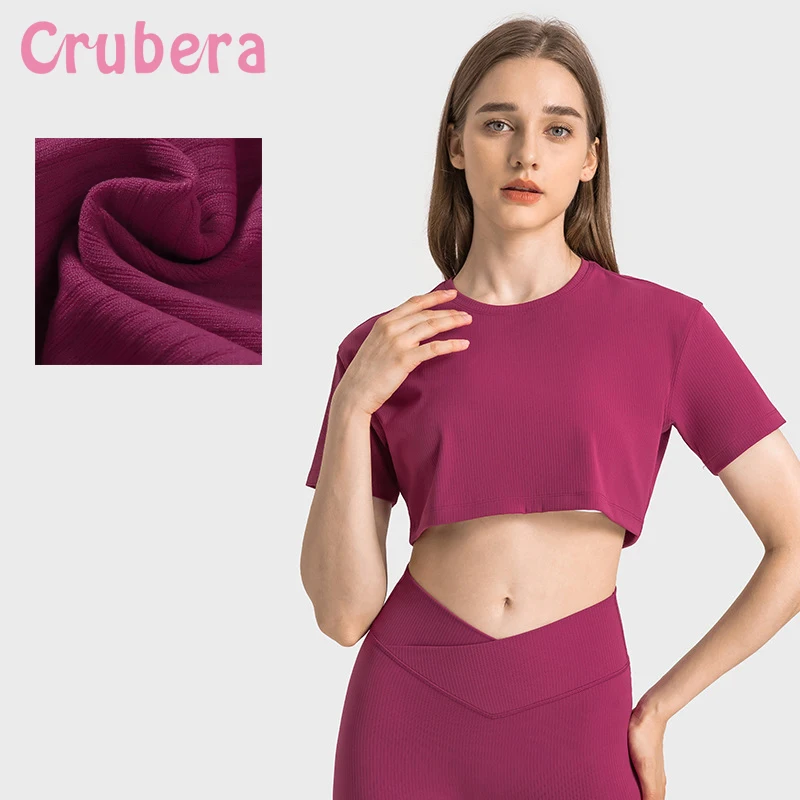 

Crubera Daily Casual Ribbed Loose Fitting Sports T-Shirt For Women's Short And Versatile Open Waist Yoga Short Sleeves