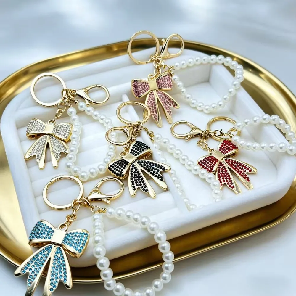 2 Pcs Fashion Cute Bow Butterfly Keychain Shiny Rhinestone Pearl Charm Sweet Bag Pendant Jewelry Luxury Gift for Women Girls